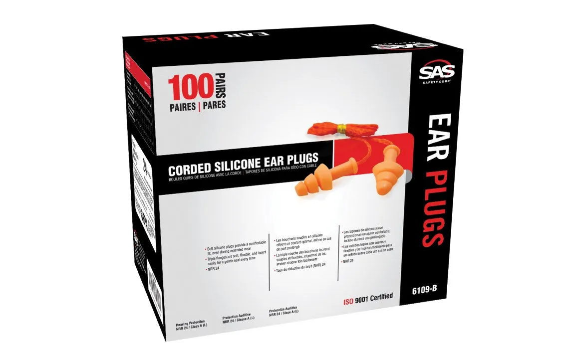 SAS Safety - Corded Silicone Ear Plugs, Box of 100 Pairs (Priced Per Box)