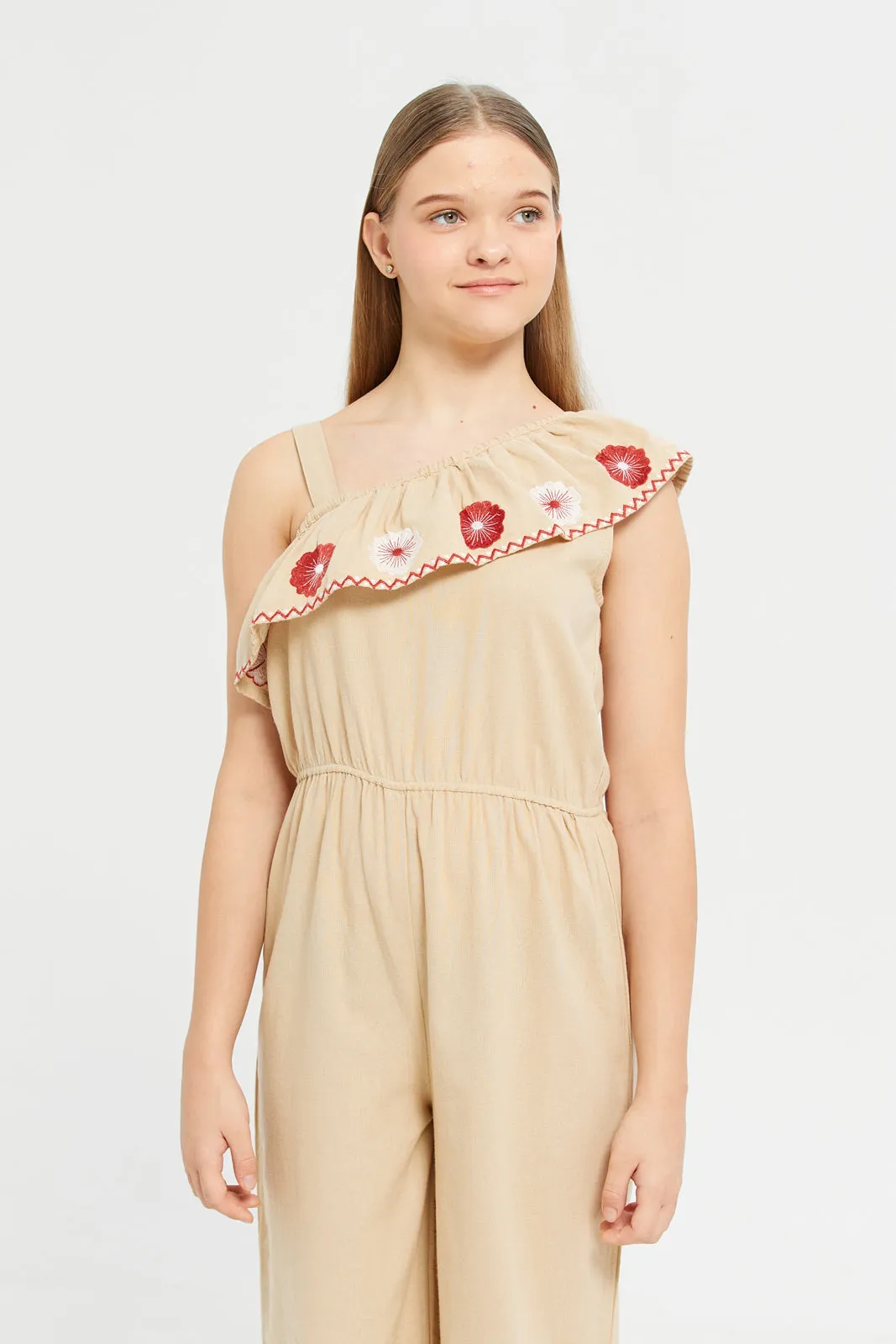 Senior Girls Beige Jumpsuit With Floral Embroidery