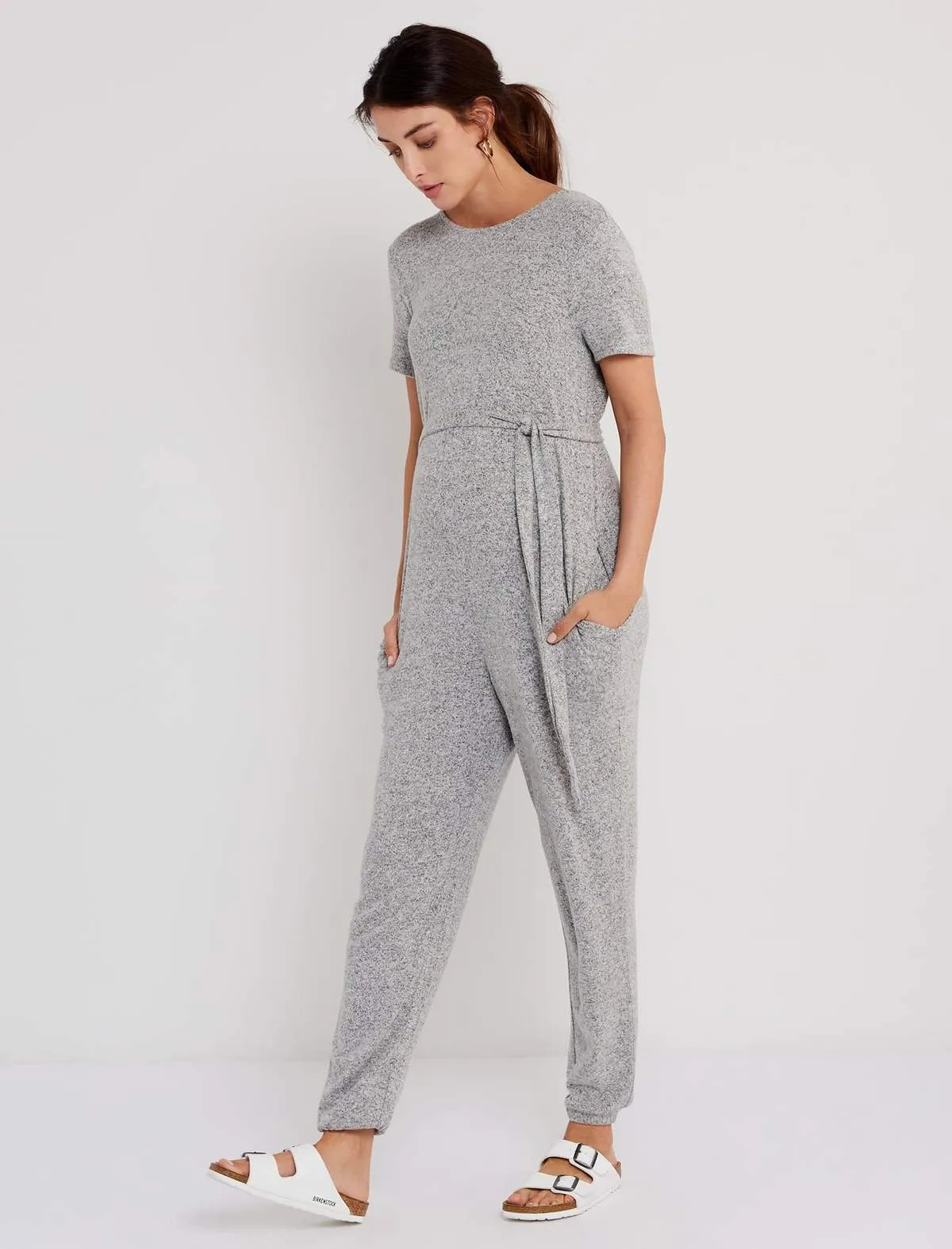 Short Sleeve Hacci Knit Super Soft Maternity Jumpsuit in Grey