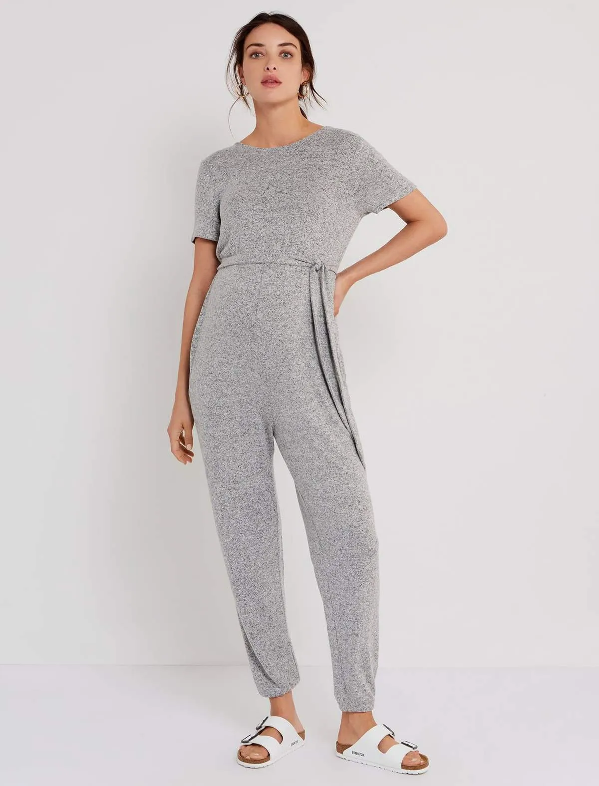 Short Sleeve Hacci Knit Super Soft Maternity Jumpsuit in Grey