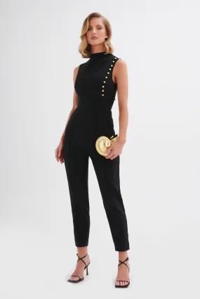 SIENNA High Neck Rose Button Jumpsuit in Black