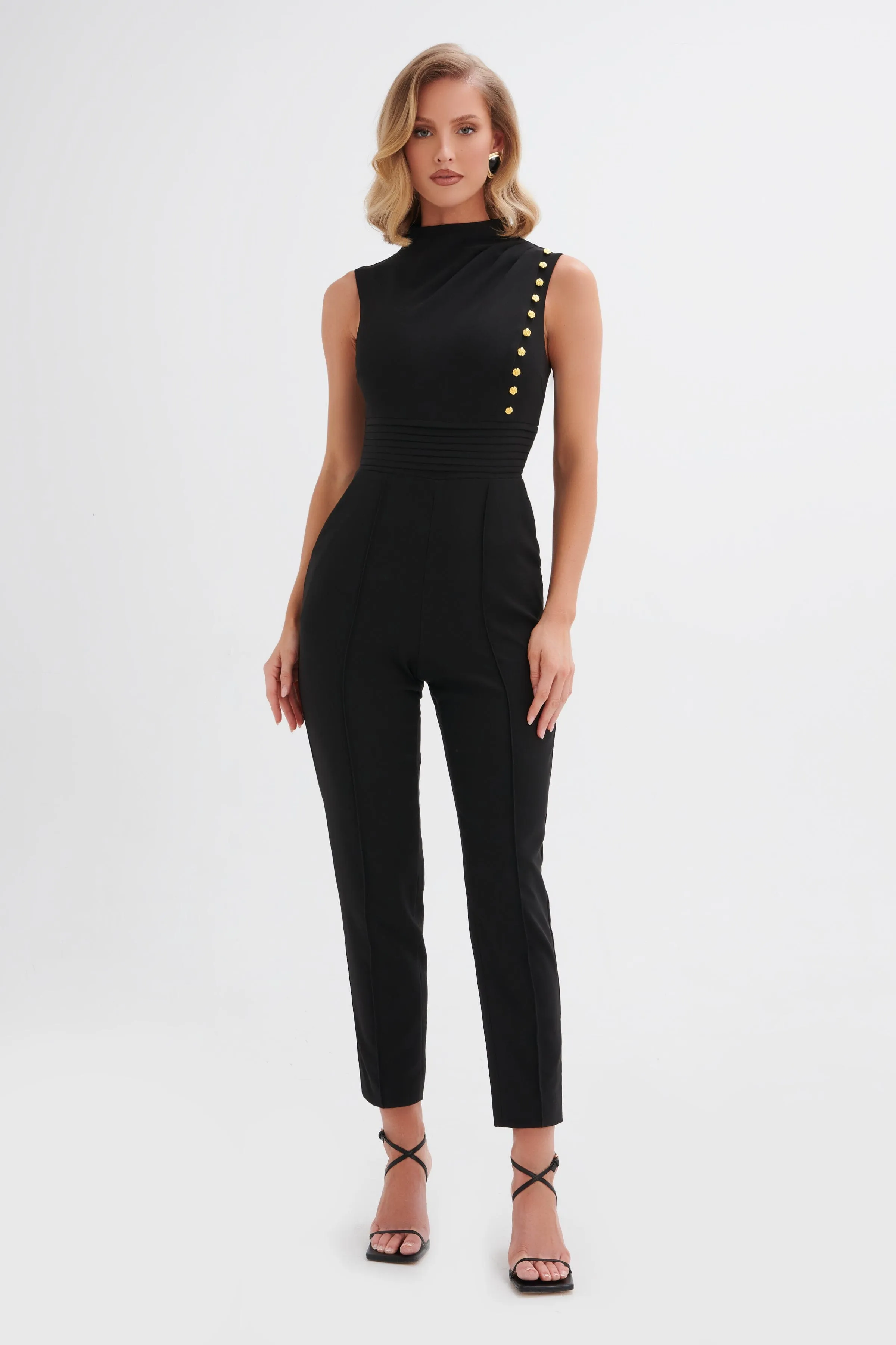 SIENNA High Neck Rose Button Jumpsuit in Black