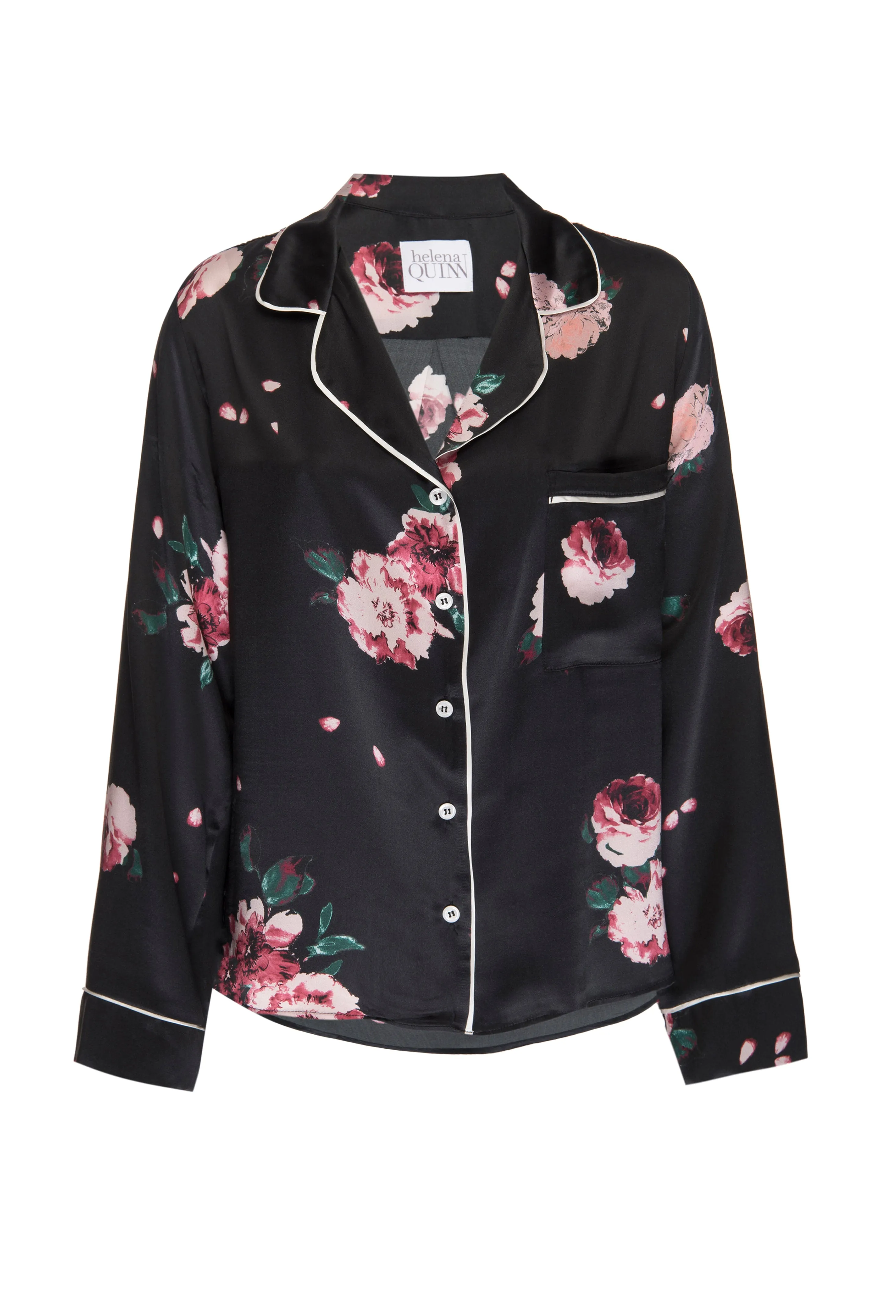 Silk Charmeuse Long Sleeved PJ Top: Black Rose Print