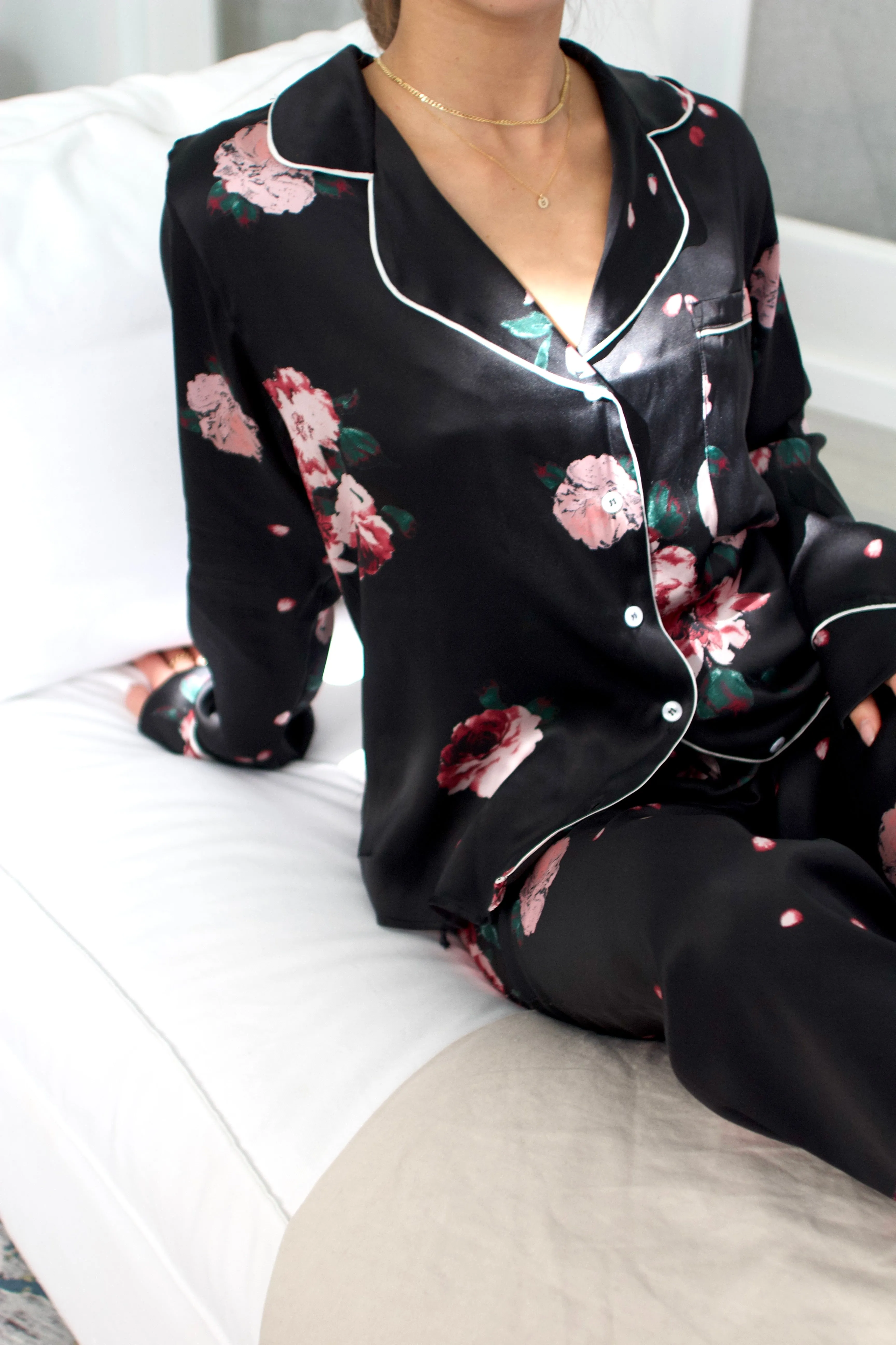 Silk Charmeuse Long Sleeved PJ Top: Black Rose Print