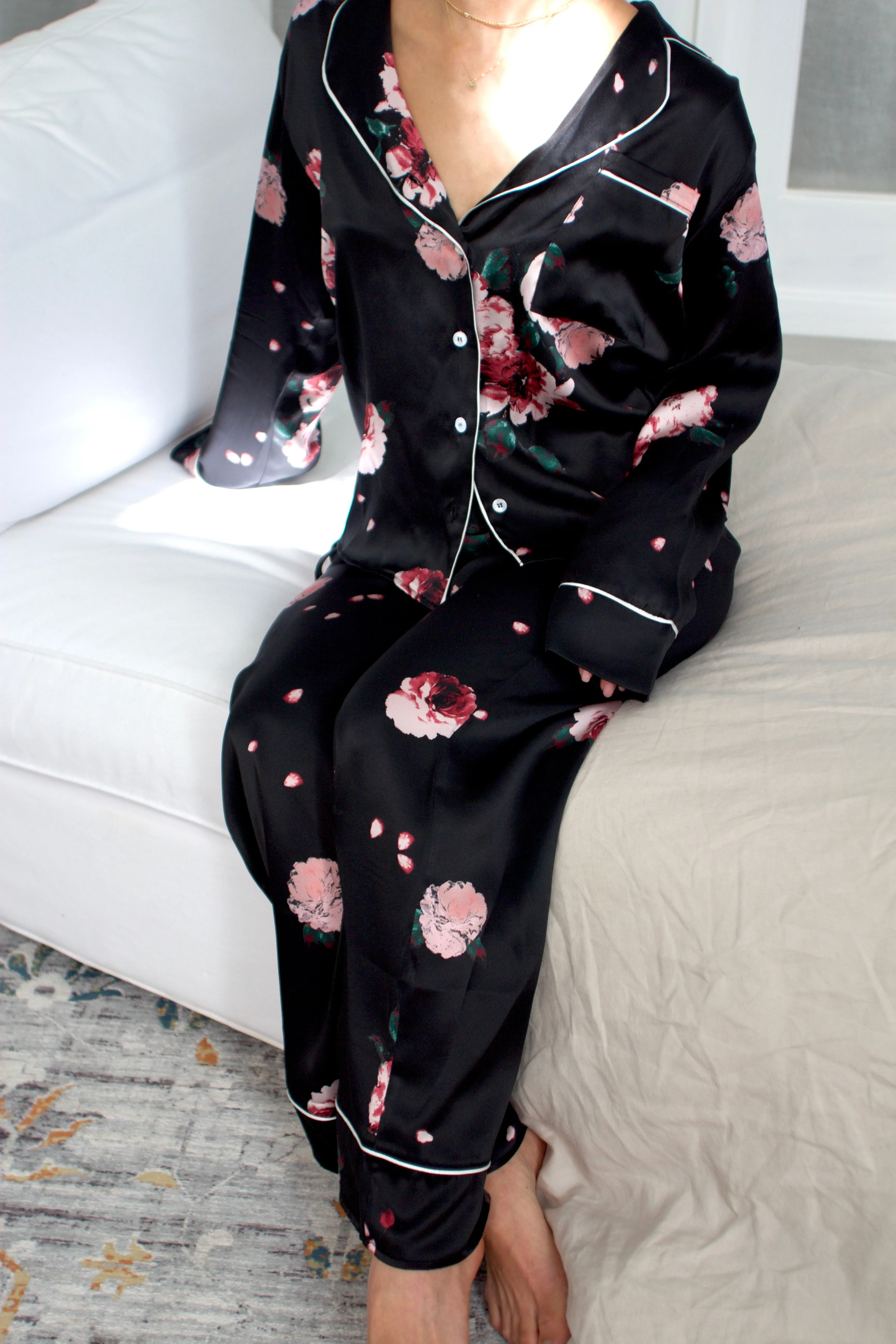 Silk Charmeuse Long Sleeved PJ Top: Black Rose Print