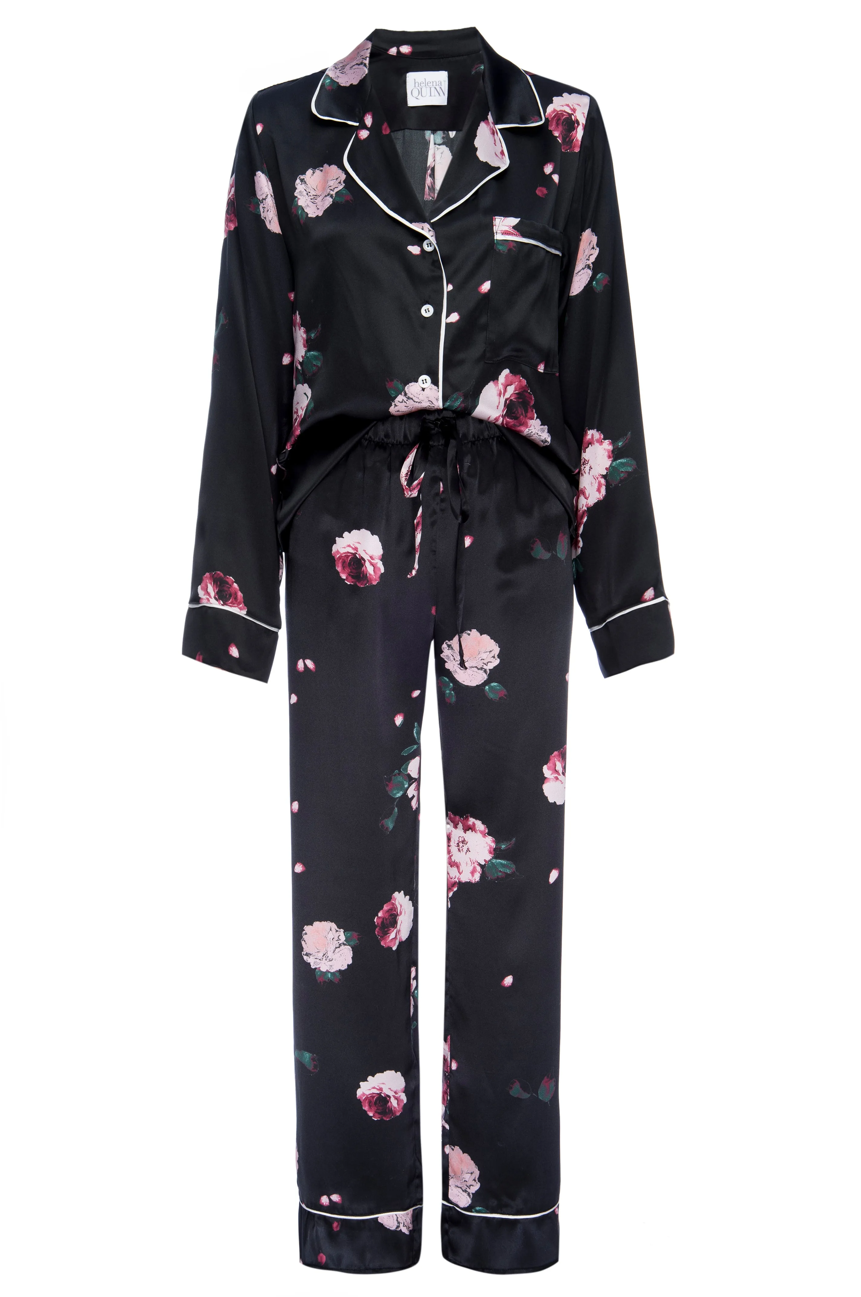 Silk Charmeuse Long Sleeved PJ Top: Black Rose Print