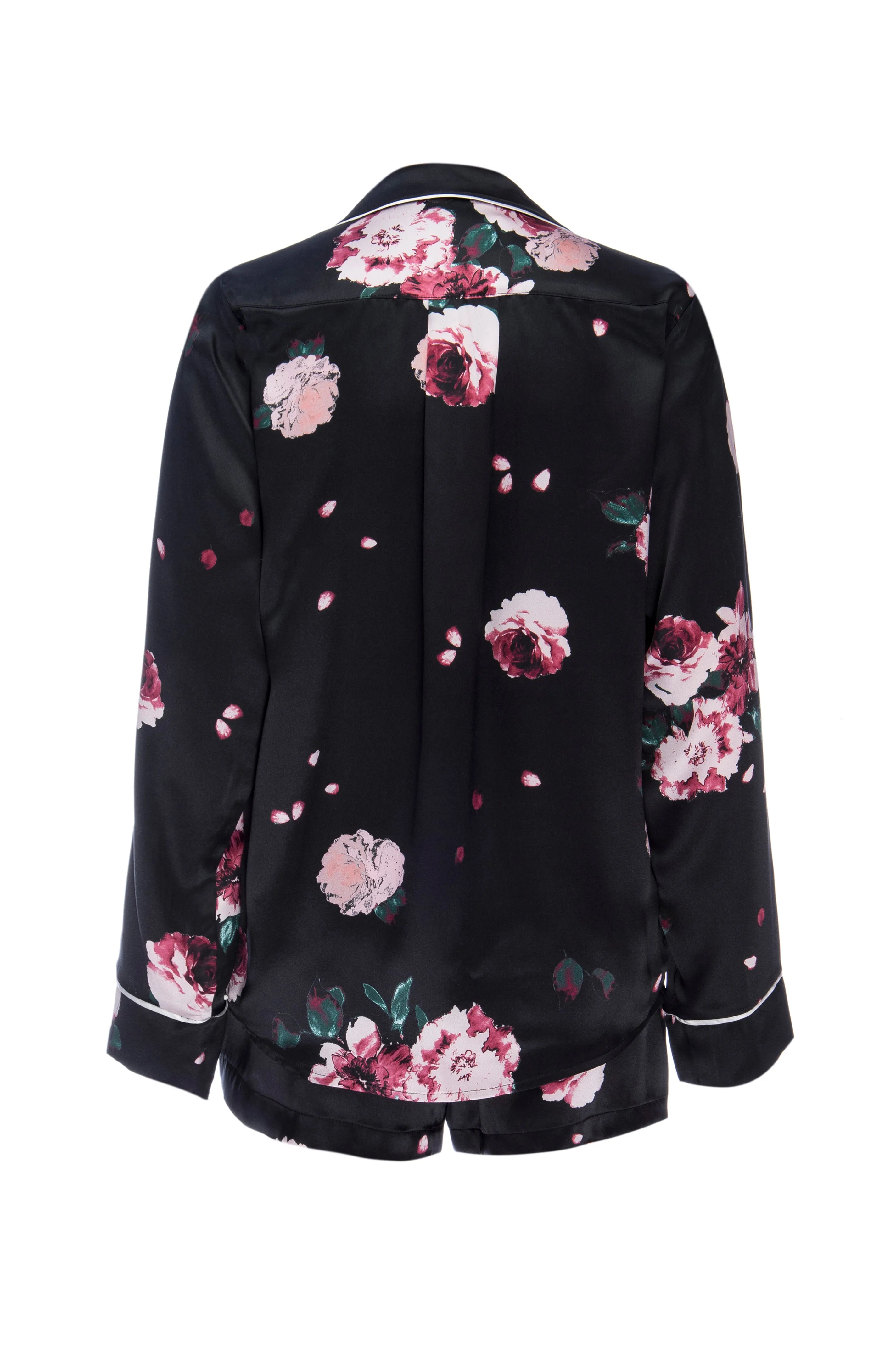 Silk Charmeuse Long Sleeved PJ Top: Black Rose Print