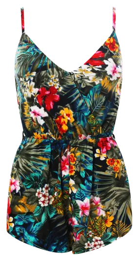 Sleeveless Tropical Print Playsuits with straps & pockets