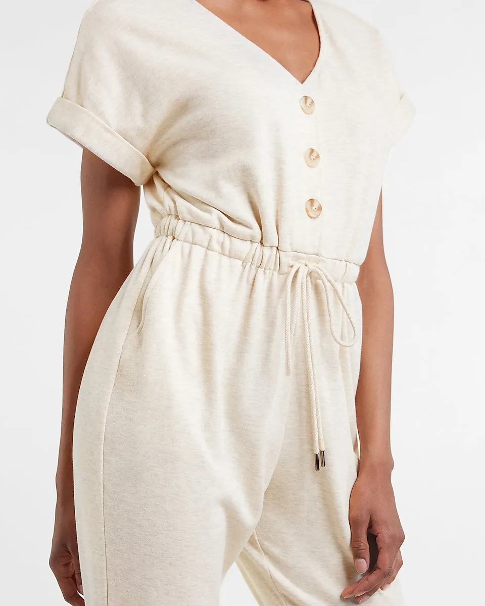 Soft Button Front Tie Waist Lounge Jumpsuit in Oatmeal Heather