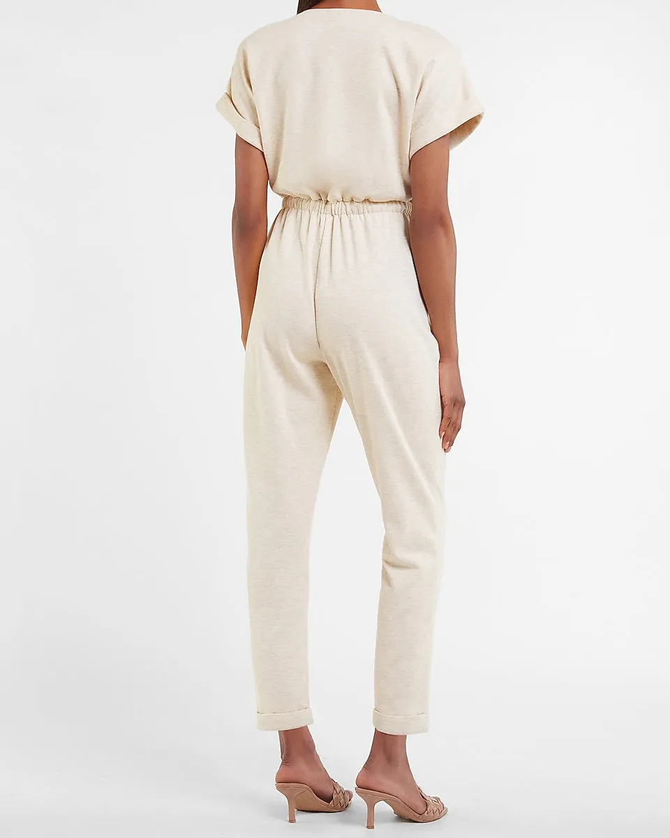 Soft Button Front Tie Waist Lounge Jumpsuit in Oatmeal Heather