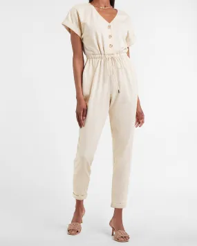 Soft Button Front Tie Waist Lounge Jumpsuit in Oatmeal Heather