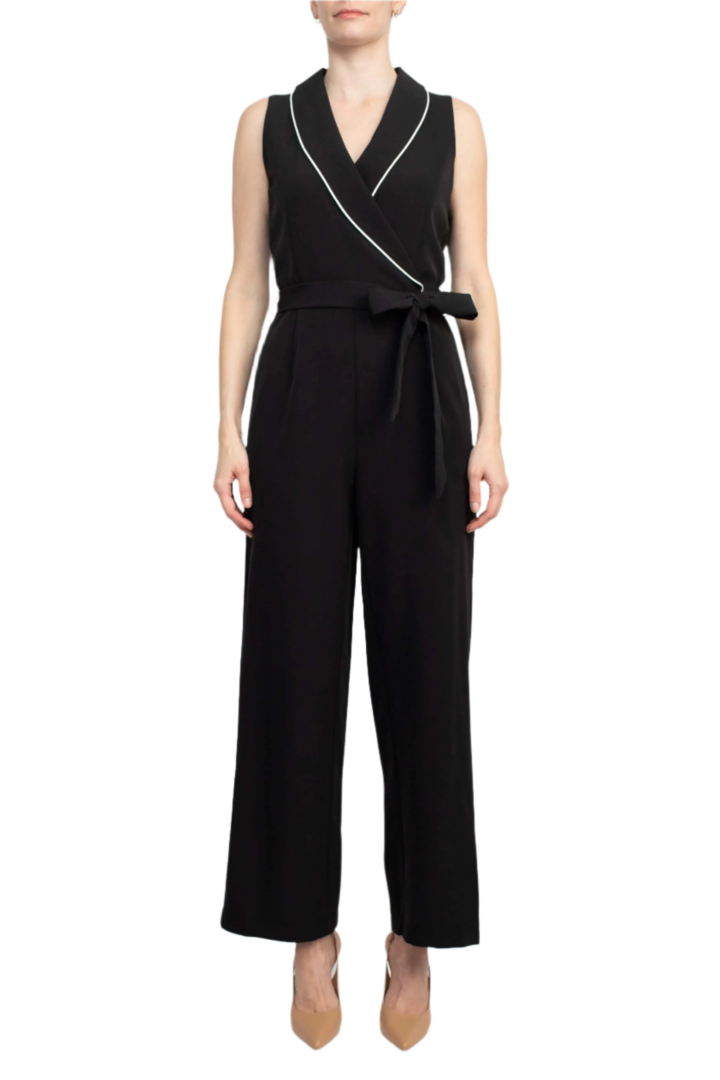 Tahari Lapel Collar V-Neck Sleeveless Piping Detail Tie Waist Scuba Jumpsuit