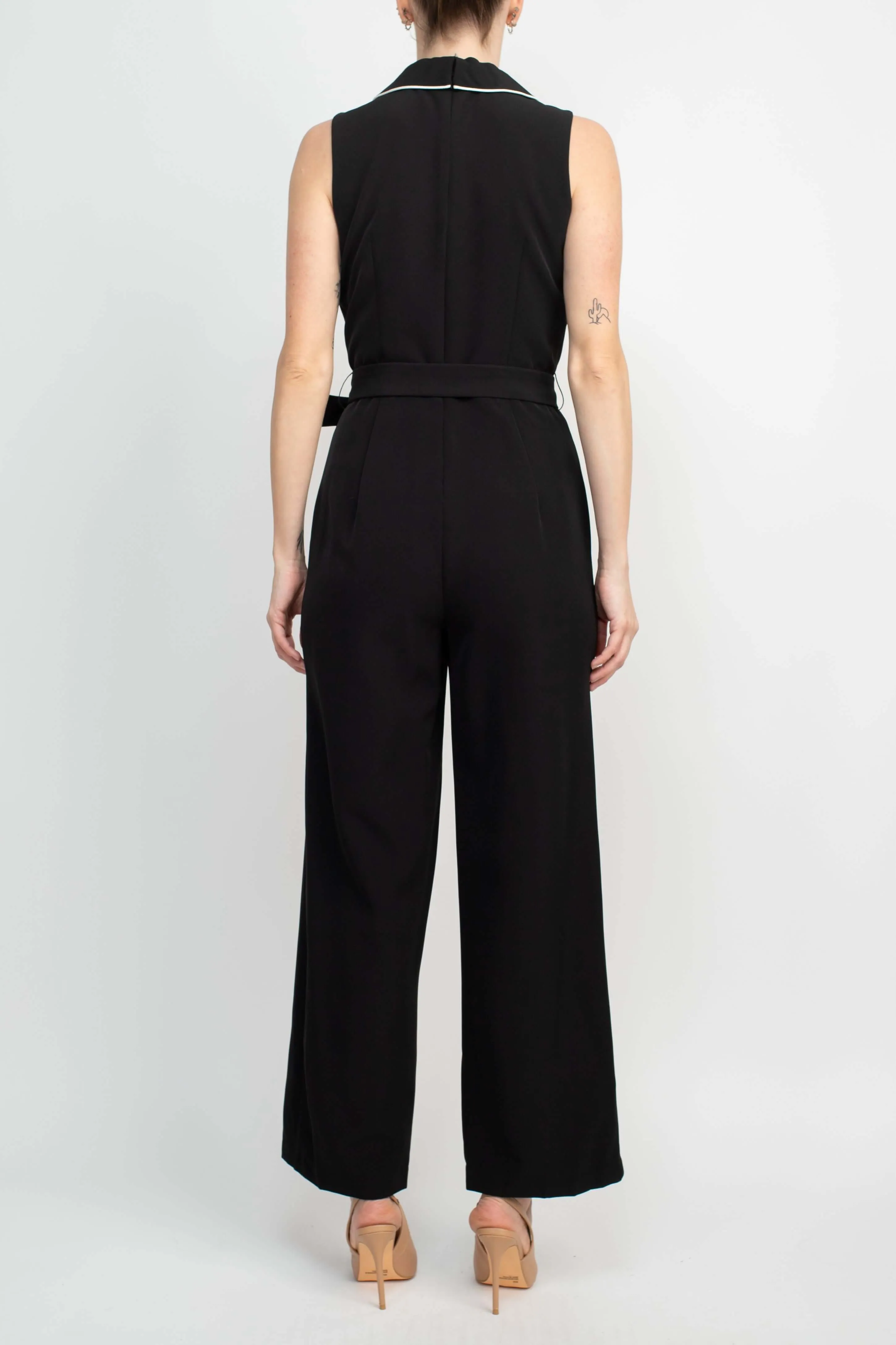 Tahari Lapel Collar V-Neck Sleeveless Piping Detail Tie Waist Scuba Jumpsuit