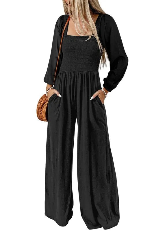 TEEK - Black Long Sleeve Square Neck Smocked Jumpsuit