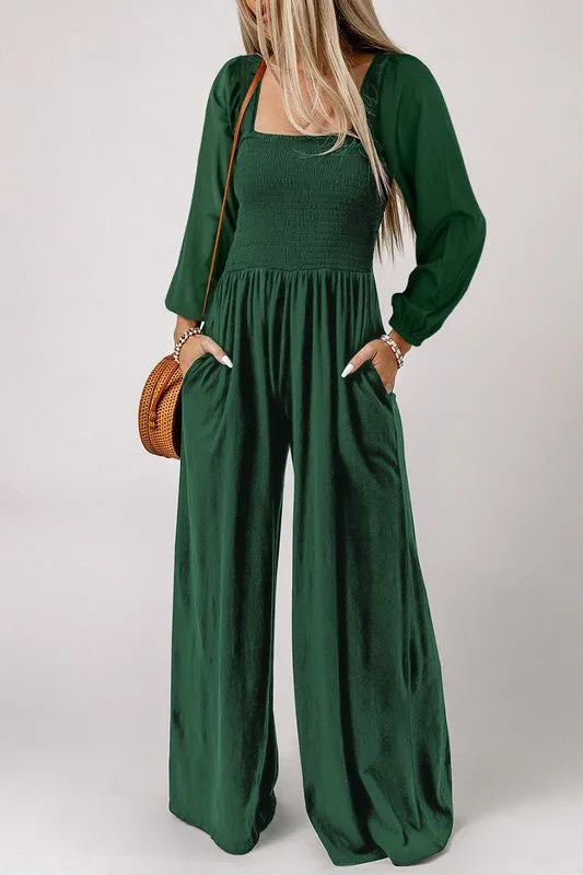 TEEK - Black Long Sleeve Square Neck Smocked Jumpsuit