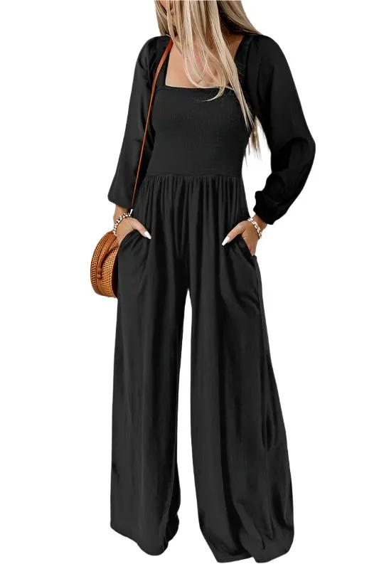 TEEK - Black Long Sleeve Square Neck Smocked Jumpsuit