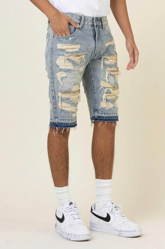 TEEK - Light Sand Tint Heavy Rip & Repair Denim Shorts