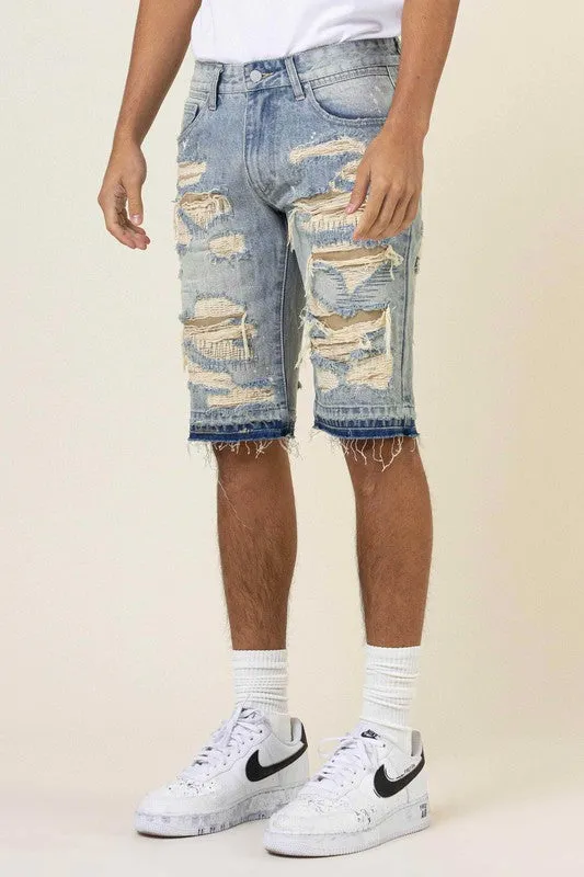 TEEK - Light Sand Tint Heavy Rip & Repair Denim Shorts