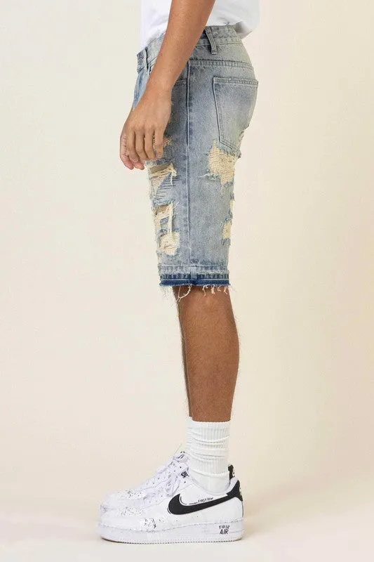 TEEK - Light Sand Tint Heavy Rip & Repair Denim Shorts