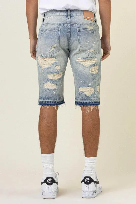 TEEK - Light Sand Tint Heavy Rip & Repair Denim Shorts