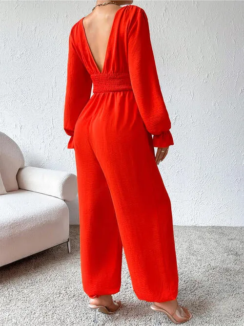 TEEK - Red Plunge Smocked Jumpsuit