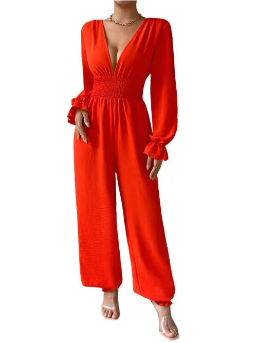 TEEK - Red Plunge Smocked Jumpsuit