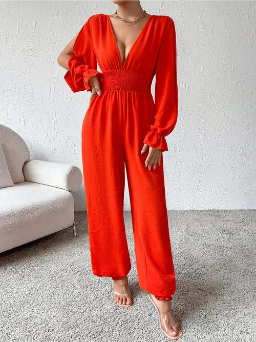 TEEK - Red Plunge Smocked Jumpsuit