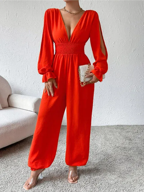 TEEK - Red Plunge Smocked Jumpsuit