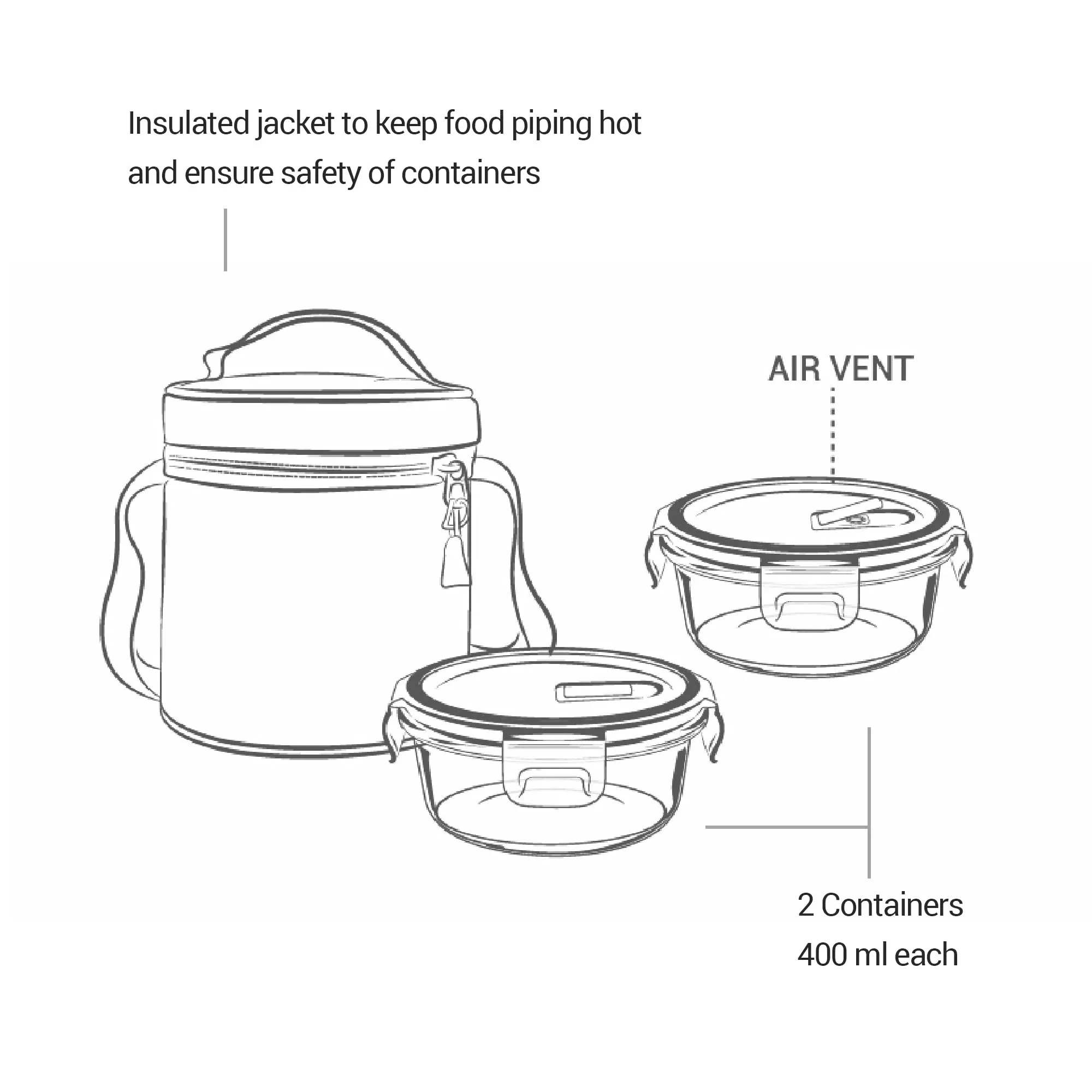 Treo by Milton All Fresh Borosilicate Glass Tiffin, 380 ml, Set of 2, Transparent