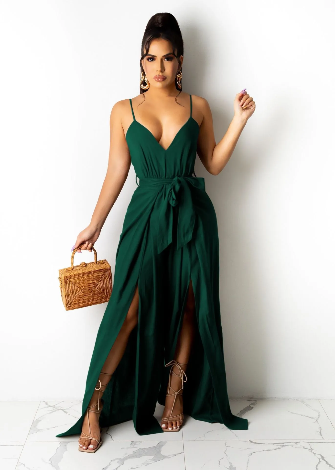 V neck long split bow one piece jumpsuit