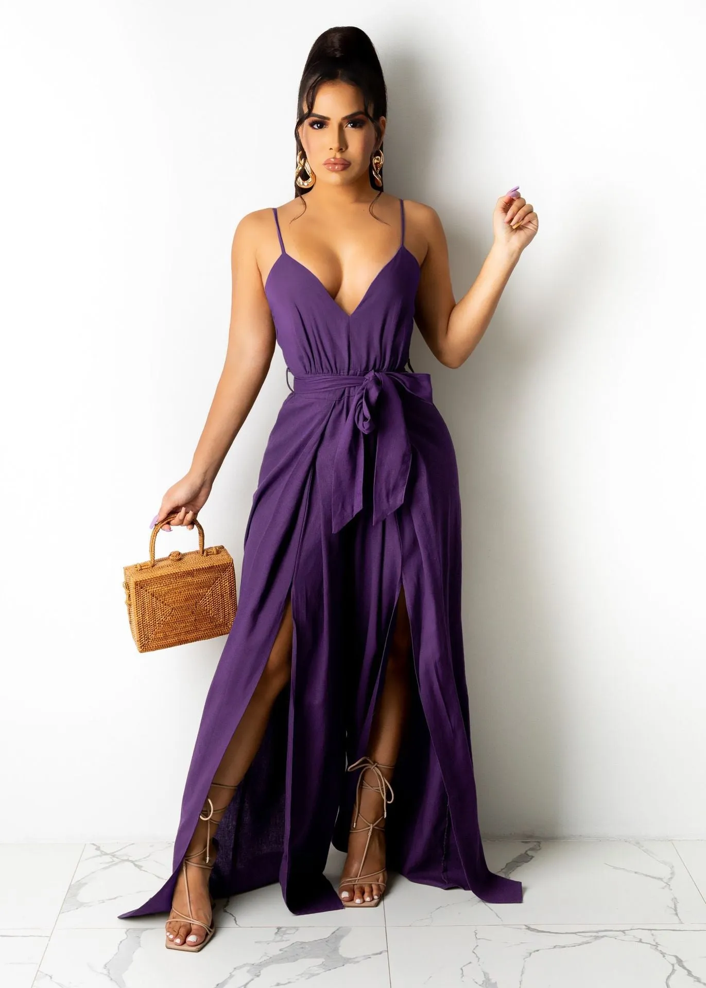 V neck long split bow one piece jumpsuit