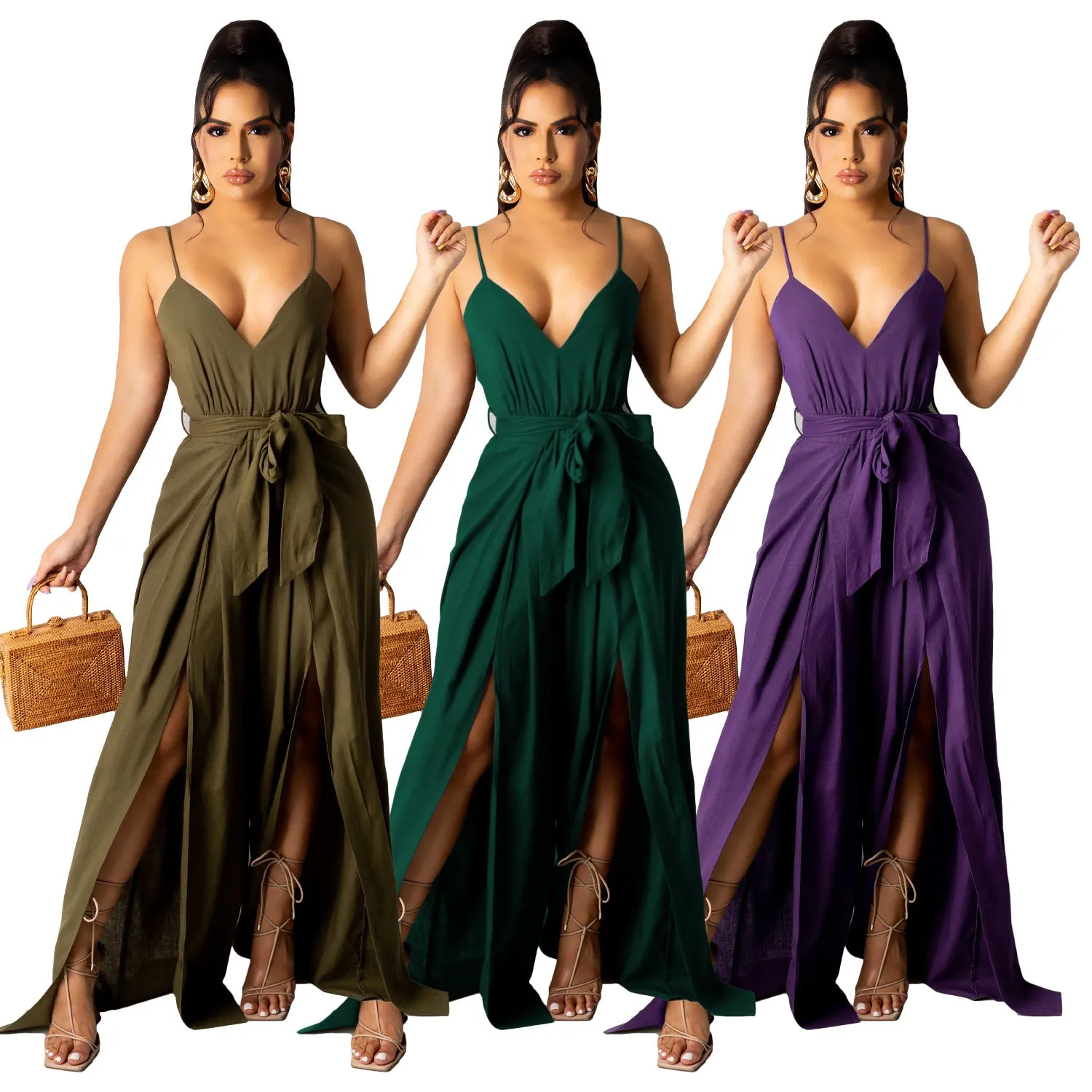 V neck long split bow one piece jumpsuit